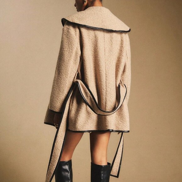 Camel Elegant Women's Skater Overcoat with Contrast Faux Leather Piping - Picture 6 of 9